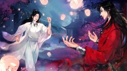 2boys ^_^ architecture bandaged_neck bandaged_wrist bandages black_hair bracer building cherry_blossoms chinese_clothes chinese_commentary closed_eyes closed_mouth cloud commentary_request cowboy_shot east_asian_architecture eyelashes eyepatch falling_petals feet_out_of_frame floating_clothes hair_bun hair_ribbon hanfu hua_cheng imminent_hug lantern light_particles lips long_hair long_sleeves looking_at_another male_focus multiple_boys night night_sky nostrils open_mouth outdoors outstretched_arms paper_lantern petals pink_lips pointy_nose puffy_long_sleeves puffy_sleeves red_hanfu ribbon robe running sidelocks single_hair_bun sky smile spring_(season) standing teeth thick_eyebrows tianguan_cifu topknot tree upper_teeth_only white_hanfu white_ribbon white_robe wide_sleeves xie_lian yaoi ye_dian_pikaqiu