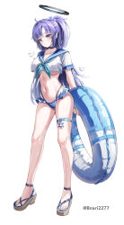 1girl absurdres arms_behind_back bikini blue_archive blue_choker blue_nails blue_neckerchief blue_sailor_collar blush bnari breasts choker collarbone cropped_shirt full_body halo highres holding holding_swim_ring innertube nail_polish neckerchief purple_hair sailor_bikini sailor_collar sandals short_sleeves solo standing swim_ring swimsuit thigh_strap toenail_polish toenails underboob yuuka_(blue_archive)