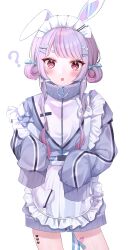 Rule 34 | 1girl, ?, animal ears, apron, bandaid, bandaid on leg, blush, cowboy shot, hair ornament, hairclip, heart, heart hair ornament, highres, jacket, jersey maid, looking at viewer, maid, maid headdress, multicolored hair, open mouth, pink eyes, pink hair, purple hair, shain, sleeves past fingers, sleeves past wrists, solo, streaked hair, tosaki mimi, tosaki mimi (4th costume), track jacket, two-tone hair, unconventional maid, virtual youtuber, vspo!, waist apron, white background