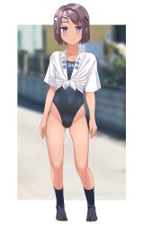 1girl absurdres barefoot black_hair black_one-piece_swimsuit black_socks blue_eyes commentary_request competition_swimsuit covered_navel day full_body hachimaki happi headband highleg highleg_one-piece_swimsuit highres japanese_clothes nejiri_hachimaki one-piece_swimsuit original outdoors shirt short_hair sky socks solo standing swimsuit tabi takafumi tan tied_shirt white_happi