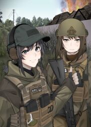 2girls absurdres ayou_(aukuamani) baseball_cap black_gloves escape_from_tarkov fingerless_gloves gloves hat helmet highres hood hood_down kalashnikov_rifle load_bearing_vest long_hair looking_at_viewer magazine_(weapon) military_combat_uniform military_uniform multiple_girls original power_lines tactical_clothes thumbs_up tree utility_pole