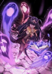 Rule 34 | 1girl, black bridal gauntlets, black hair, blunt bangs, bodystocking, book, bracelet, breasts, bridal gauntlets, cape, circlet, cleavage, covered navel, fire emblem, fire emblem awakening, ghost, glowing, glowing eye, highres, jewelry, large breasts, long hair, looking at viewer, magic, navel, nintendo, purple eyes, see-through bridal gauntlets, skin tight, solo, tharja (fire emblem), tiara, ttikhii, two-tone cape, two side up