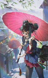Rule 34 | 1girl, 1other, :p, absurdres, alley, architecture, bag, bag charm, black bag, black hair, black pantyhose, blue shirt, changmingsuo, changmingsuo (guilongchao), charm (object), city, cowboy shot, day, double bun, east asian architecture, green hair, guilongchao, hair bun, hair ribbon, hand up, highres, holding, holding bag, holding umbrella, kaekaeki, key, long sleeves, looking at viewer, looking over eyewear, multicolored hair, neck tattoo, oil-paper umbrella, panda, pantyhose, rain, red eyes, red ribbon, red umbrella, ribbon, round eyewear, shirt, short hair, single sidelock, solo focus, stairs, streaked hair, sunglasses, tattoo, tongue, tongue out, umbrella, umbrella over shoulder, willow, wrist ribbon