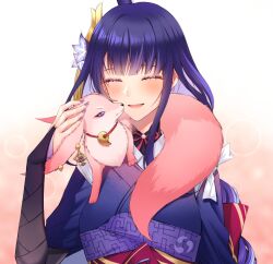 1girl blunt_bangs blush bridal_gauntlets closed_eyes commentary english_commentary flower fox genshin_impact gradient_background hair_flower hair_ornament japanese_clothes jewelry kimono long_hair magatama magatama_necklace mole mole_under_eye nail_polish necklace obi obiage on_shoulder open_mouth petting pink_background pink_fur purple_eyes purple_hair purple_kimono purple_nails raiden_shogun sash sieka_(piiroinardesco) smile yae_miko yae_miko_(fox)