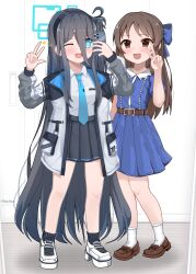 2girls :d ;d absurdres aris_(blue_archive) black_hair black_skirt blue_archive blue_dress brown_hair dress full_body hair_between_eyes half_updo halo highres idolmaster idolmaster_cinderella_girls long_hair long_hair_between_eyes looking_at_viewer multiple_girls name_connection one_eye_closed one_side_up open_mouth pleated_skirt shirt skirt smile tachibana_arisu user_spdw4234 v very_long_hair w white_shirt