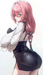 1girl absurdres arm_under_breasts ass belt black_belt black_gloves black_skirt breasts cowboy_shot glasses gloves highres jindogod large_breasts miniskirt pencil_skirt pink_eyes pink_hair shirt side_slit simple_background skirt solo taut_clothes taut_skirt tsukishiro_yanagi white_shirt zenless_zone_zero