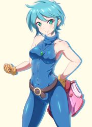1girl allenby_beardsley bare_shoulders blue_bodysuit blue_hair blush bodysuit breasts collarbone commentary_request covered_erect_nipples covered_navel danpu female_focus g_gundam gloves gluteal_fold green_eyes gundam hair_between_eyes highres jacket jewelry looking_at_viewer medium_breasts necklace open_mouth shiny_clothes shiny_skin short_hair simple_background skin_tight smile solo standing unworn_jacket