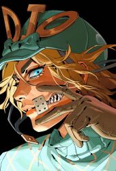 1boy argyle_clothes argyle_sweater black_background blonde_hair blue_bow blue_eyes blue_helmet blue_sweater bow brown_gloves diego_brando fangs gloves haddockkkk helmet highres jojo_no_kimyou_na_bouken looking_at_viewer messy_hair patch portrait scary_monsters_(stand) stand_(jojo) steel_ball_run sweater
