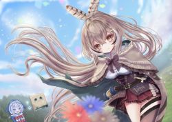 2girls :d ahoge animal_hood arms_behind_back belt brown_capelet brown_cloak brown_corset brown_eyes brown_hair capelet cloak cloud cloudy_sky corset dagger explosive feather_hair_ornament feathers flower friend_(nanashi_mumei) gawr_gura grass hair_ornament hieroglyphics highres hololive hololive_english hood hoodie knife lantern long_hair looking_at_viewer megts0331 multicolored_hair multiple_girls nanashi_mumei nanashi_mumei_(1st_costume) open_mouth ponytail ribbon runes shark_hood shirt sky smile streaked_hair sun thigh_strap thighhighs tnt tnt_block_(minecraft) tree virtual_youtuber weapon white_hair white_shirt