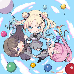 3girls :d absurdres anyoji_hime balloon black_bow black_bowtie black_necktie black_pants black_socks blazer blonde_hair blue_eyes blue_hair blue_sky bow bowtie brown_hair cardigan chibi chibi_only collared_shirt color-coded commentary_request double_bun dress dress_shirt fujishima_megumi full_body gradient_hair grey_cardigan grey_dress grey_jacket grey_skirt grin hair_bun highres holding_hands jacket josho_kiryu_(love_live!) kneehighs link!_like!_love_live! long_hair looking_at_viewer love_live! medium_skirt midair mira-cra_park! multicolored_hair multiple_girls necktie official_alternate_costume open_clothes open_jacket open_mouth osawa_rurino pants pleated_skirt ponytail purple_eyes shiganai_might shirt short_necktie signature skirt sky smile socks twintails twitter_username unmoving_pattern very_long_hair virtual_youtuber white_shirt
