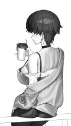 Rule 34 | 1girl, absurdres, breasts, choker, drink, earrings, from behind, highres, holding, holding drink, jewelry, large breasts, mole, mole under eye, monochrome, nail polish, off shoulder, original, rene (tagua), short hair, simple background, sitting, solo, strap gap, stud earrings, tagua, white background