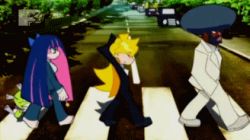 1boy 2girls abbey_road animated animated_gif anime_screenshot barefoot blood chuck_(psg) crosswalk garterbelt_(psg) lowres mtv multiple_girls non-web_source panty_&amp;_stocking_with_garterbelt panty_(psg) parody stocking_(psg) the_beatles vanishing_point volkswagen volkswagen_beetle