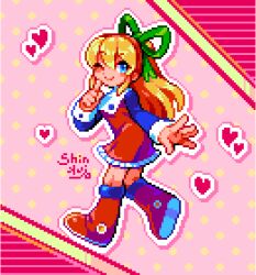 1girl blonde_hair blue_eyes blue_sleeves boots bow commentary_request dress finger_to_cheek full_body green_bow hair_bow heart long_hair looking_at_viewer looking_back mega_man_(series) one_eye_closed pink_background pixel_art ponytail red_boots red_dress roll_(mega_man) shinku_castle smile solo white_trim