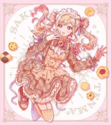 1girl alternate_costume apron bad_id bad_pixiv_id blonde_hair border bow bow-shaped_hair bowtie bridal_gauntlets bright_pupils brown_apron brown_dress brown_shoes brown_thighhighs character_name checkerboard_cookie chocolate_cornet cookie cross-laced_shoes double_bun dress enmaided eyelashes fingernails floating_hair food food-themed_clothes frilled_dress frills full_body gold_ring gradient_hair hair_bun hair_ribbon heart heart_print highres lace lace-trimmed_thighhighs lace_trim light_blush long_hair maid maid_headdress mary_janes multicolored_hair open_mouth picture_frame pink_border pink_eyes pink_hair plaid_clothes plaid_dress pleated_skirt project_sekai purple_ribbon red_bow red_bowtie ribbed_thighhighs ribbon rn_(kicakabe) shoes short_dress skirt sleeve_ribbon solo surprised swept_bangs tareme tenma_saki thighhighs very_long_hair wavy_hair white_background white_bridal_gauntlets white_pupils
