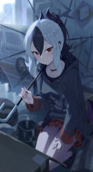 1girl absurdres black_hair black_hoodie black_horns blue_archive blurry chiyo_kami closed_mouth commentary demon_horns ear_piercing furrowed_brow grey_hair hair_between_eyes halo highres holding holding_umbrella hood hood_down hoodie horns kayoko_(blue_archive) kneeling long_sleeves looking_at_viewer miniskirt mole mole_on_shoulder multicolored_hair outdoors piercing plaid_clothes plaid_skirt pleated_skirt ponytail red_eyes red_skirt sidelocks single_wing skirt smile solo transparent transparent_umbrella two-tone_hair umbrella wings