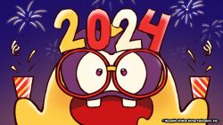 2024 artist_request close-up commentary company_name confetti copyright_notice creature english_commentary english_text fireworks glasses gradient_sky gumchi gungho highres holding holding_party_popper new_year night night_sky ninjala no_humans official_alternate_costume official_art party_popper purple_eyes red-framed_eyewear second-party_source simple_background sky straight-on teeth upper_teeth_only