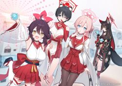 4girls :d animal_ears armpits asymmetrical_legwear ball bare_shoulders black_gloves black_hair black_nails black_pantyhose blue_archive blue_eyes breasts brown_hair colored_inner_hair commentary_request detached_sleeves elbow_gloves fang fingerless_gloves fox_ears fox_girl fox_tail gloves grey_eyes hair_bun halo holding holding_ball kaede_(blue_archive) large_breasts long_hair medium_hair mimori_(blue_archive) mismatched_legwear multicolored_hair multiple_girls official_art okobo one_eye_closed open_mouth oppai_loli pantyhose pink_hair platform_sandals pleated_skirt raccoon_ears raccoon_girl red_gloves red_hair red_skirt sandals short_hair skin_fang skirt smile tail thighhighs tokki torn_clothes torn_thighhighs tsubaki_(blue_archive) two-tone_hair wakamo_(blue_archive) white_thighhighs yawning yellow_eyes