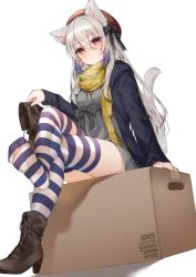 1girl absurdres animal_ears boots bow box brown_boots cardboard_box cat_ears cat_girl cat_tail commission cross-laced_footwear dress full_body grey_dress hair_bow hat highres holding holding_boots holding_footwear holding_unworn_clothes hood hood_down hoodie long_hair multicolored_hair on_box open_clothes open_hoodie original purple_hair red_eyes scarf silver_hair sitting sitting_on_box skeb_commission striped_clothes striped_thighhighs tail tamafurin thighhighs two-tone_hair unworn_boot unworn_boots zettai_ryouiki
