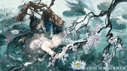 Rule 34 | 1boy, 1girl, afloat, bare pectorals, basket, black hair, blue eyes, blue gemstone, blue robe, braid, branch, calligraphy brush, changmingsuo, cherry blossoms, chinese clothes, chinese commentary, closed mouth, curtained hair, dappled sunlight, eye contact, falling petals, feet out of frame, fins, flower, gem, grey eyes, hair bun, half updo, hanfu, head fins, heroine (lovebrush chronicles), highres, jewelry, jin gongmen wo de fengkuang xingqiwu, lake, lars rorschach, layered sleeves, lily pad, long hair, long sleeves, looking at another, looking at object, lotus leaf, lovebrush chronicles, male focus, merman, monster boy, multiple necklaces, necklace, official alternate hair color, official art, open mouth, outdoors, paintbrush, parted bangs, pearl necklace, pectorals, petals, pink flower, plant, profile, ripples, robe, scroll, short over long sleeves, short sleeves, side braid, sideways glance, single hair bun, smile, solo, sunlight, topless male, vines, wading, water, water lily flower, watermark, weibo watermark, white flower, white hair, white scales, wilted flower, yukadon