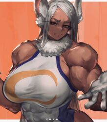 1girl abs animal_ears biceps boku_no_hero_academia breasts closed_mouth crescent_print dark-skinned_female dark_skin heattech_leotard highres ibuo_(ibukht1015) large_breasts leotard long_eyelashes looking_at_viewer mirko muscular muscular_female open_hand parted_bangs rabbit_ears rabbit_girl red_eyes simple_background sleeveless_turtleneck_leotard solo turtleneck upper_body