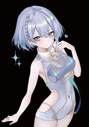 1girl absurdres bare_shoulders black_background braid breasts closed_mouth clothing_cutout collar commentary covered_navel cowboy_shot cross dreizehn_(shadowverse) grey_eyes grey_hair heart highres leotard looking_at_viewer looking_up medium_breasts medium_hair ritaiya shadowverse shadowverse:_worlds_beyond side_cutout single_braid solo standing white_collar white_leotard