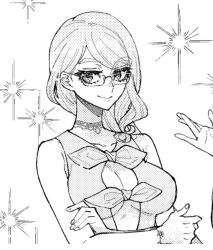 1girl arms_under_breasts bare_shoulders bow bowtie bracelet cleavage_cutout clothing_cutout crossed_arms fate/grand_order fate_(series) glasses greyscale hand_on_own_elbow jewelry koyanskaya_(fate) long_hair looking_at_viewer monochrome necklace one_side_up onikudaisuki_x smile sparkle sparkling_aura tamamo_(fate) upper_body