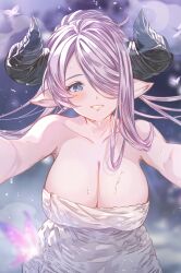 1girl arutoria_(187497382) bare_shoulders blue_eyes blurry blurry_background blush breasts bug butterfly cleavage commentary cowboy_shot granblue_fantasy hair_over_one_eye heart heart-shaped_pupils highres horns insect large_breasts naked_towel narmaya_(granblue_fantasy) narmaya_(yukata)_(granblue_fantasy) onsen open_mouth pointy_ears pov purple_hair revision solo symbol-shaped_pupils towel