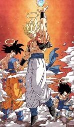 Rule 34 | 3boys, arm up, black eyes, black footwear, black hair, black vest, blonde hair, blue bodysuit, blue shirt, bodysuit, boots, cropped vest, dragon ball, dragonball z, gloves, gogeta, green eyes, halo, highres, multiple boys, muscular, muscular male, orange pants, pants, reeya, shirt, son goku, spiked hair, super saiyan, super saiyan 1, torn clothes, torn shirt, vegeta, vest, white footwear, white gloves, white pants