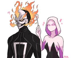 1boy 1girl ? animification bodysuit breasts commentary crossover fire food ghost_rider ghost_rider_(series) gwen_stacy hood hood_up hooded_bodysuit jacket leather leather_jacket marshmallow marvel medium_breasts silk skull spider-gwen spider-man_(series) spider_web spider_web_print superhero_costume sushi_pizza_rrr symbol-only_commentary