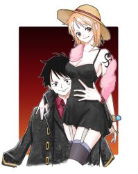 1boy 1girl bangle bare_shoulders black_dress black_hair black_jacket black_necktie black_thighhighs border bracelet breasts brown_eyes cleavage closed_mouth collarbone collared_shirt commentary cowboy_shot cynthia_(user_rrcz7734) dress facial_scar fur_scarf garter_straps hand_on_another&#039;s_shoulder hand_on_another&#039;s_waist hat highres jacket jewelry large_breasts log_pose looking_at_viewer monkey_d._luffy nami_(one_piece) necktie official_alternate_costume one_piece one_piece:_strong_world orange_hair outside_border red_shirt scar scar_on_cheek scar_on_face shirt short_hair single_sidelock smile spaghetti_strap straw_hat thighhighs upper_body white_border
