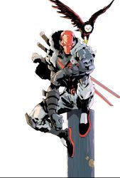 1boy bald_eagle batman_(series) bird black_footwear clenched_hand commentary dc_comics dexter_soy eagle english_commentary fur_trim gloves grey_gloves helmet highres jason_todd male_focus red_ronin_(dc) solo superhero_costume sword weapon weapon_on_back white_background white_eyes