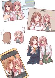 Rule 34 | 2girls, absurdres, bang dream!, bang dream! it&#039;s mygo!!!!!, blue eyes, blue skirt, blush, brown hair, cellphone, chihaya anon, closed mouth, commentary request, couple, fang, green necktie, green skirt, haneoka school uniform, highres, long hair, multiple girls, nagasaki soyo, necktie, open mouth, phone, pink hair, pleated skirt, school uniform, shibadooog, shirt, simple background, skirt, sleeping, sleeping on person, smartphone, translation request, tsukinomori school uniform, white background, white shirt, yuri