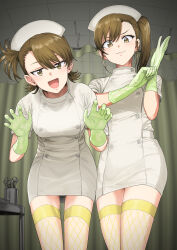 2girls :3 :d adjusting_clothes adjusting_gloves alternate_costume asymmetrical_bangs breasts brown_hair claw_pose commentary_request dress feet_out_of_frame fishnet_thighhighs fishnets flipped_hair futami_ami futami_mami gloves green_gloves hat highres idolmaster idolmaster_(classic) looking_at_viewer multiple_girls nurse nurse_cap one_side_up open_mouth siblings side_ponytail sisters small_breasts smile surgical_gloves thighhighs tsurui twins white_dress yellow_thighhighs