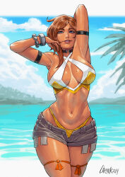 1girl 2025 absurdres armlet artist_name blue_sky bracelet breasts brown_hair cirenk cloud commentary commission english_commentary highres jewelry long_hair mole mole_on_breast mole_under_eye navel ocean original shorts sky solo