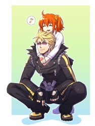Rule 34 | 1boy, 1girl, ahoge, black jacket, black pants, blonde hair, boots, border, closed mouth, fate/grand order, fate (series), fujimaru ritsuka (female), happy, hug, hug from behind, jacket, leather, leather jacket, musical note, one side up, open mouth, orange hair, pants, pink-tinted eyewear, sakata kintoki (fate), sakata kintoki (rider) (fate), smile, spoken musical note, squatting, sunglasses, tinted eyewear, white border, zanshi
