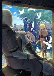 anger_vein askeladd beard bird black_shirt blonde_hair blue_fur boots branch brown_boots brown_capelet capelet child crowd facial_hair flock fur-trimmed_boots fur-trimmed_capelet fur_trim grey_shirt hair_between_eyes highres holding holding_branch holding_scroll looking_at_another male_focus parted_lips scroll shirt shirube_akashi thorfinn tree vinland_saga