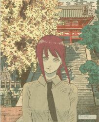1girl architecture black_necktie braid braided_ponytail business_suit chainsaw_man east_asian_architecture enzo_japhet fine_art_parody formal_clothes head_tilt highres long_sleeves looking_up makima_(chainsaw_man) multiple_others necktie nihonga office_lady outdoors parody red_hair ringed_eyes shirt shirt_tucked_in sidelocks stairs stone_stairs suit tree twitter_username upper_body white_shirt yellow_eyes