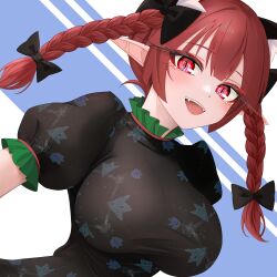 1girl :d absurdres animal_ears black_bow black_dress bow braid breasts cat_ears cat_girl commentary_request dress extra_ears fangs hair_bow highres impossible_clothes impossible_dress kaenbyou_rin large_breasts long_eyelashes looking_at_viewer medium_hair multiple_hair_bows open_mouth pointy_ears print_dress puffy_short_sleeves puffy_sleeves red_eyes red_hair short_sleeves slit_pupils smile solo sugar_you teeth touhou twin_braids twintails upper_teeth_only