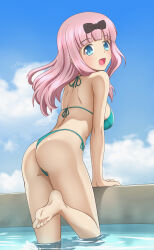 Rule 34 | 1girl, ass, bikini, black bow, blue eyes, blue sky, bow, breasts, cloud, flinty, from behind, fujiwara chika, kaguya-sama wa kokurasetai ~tensai-tachi no renai zunousen~, large breasts, long hair, looking back, pink hair, poolside, sky, swimsuit, thong, thong bikini, water