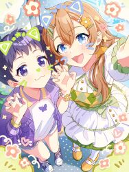 2girls :3 absurdres artist_request blue_eyes bracelet brown_hair cat_day closed_mouth drawn_ears drawn_flower drawn_heart dress from_above green_dress green_ribbon hair_ornament hairpin highres itou_momiji jacket jewelry long_hair looking_at_viewer looking_up mole mole_under_eye multiple_girls nabatame_haru official_art open_clothes open_jacket open_mouth paw_pose print_shirt purikura purple_eyes purple_hair purple_jacket purple_shoes ribbon selfie shine_post shirt shoes short_twintails shorts standing thighhighs twintails white_dress white_shirt white_thighhighs yellow_shoes