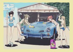 4girls absurdres alternate_costume barefoot bikini bikini_top_only black_hairband black_ribbon blonde_hair blue_car blue_one-piece_swimsuit blue_sky bottle breasts brown_bikini brown_hair car car_wash casual_one-piece_swimsuit cloud commentary_request day denim denim_shorts full_body garage grey_eyes hair_flaps hair_ornament hair_ribbon hairband hairclip hatsuzuki_(kancolle) high_heel_sandals high_heels highres holding holding_hose holding_sponge hose kanno_wagon kantai_collection large_breasts long_hair mismatched_bikini motor_vehicle multiple_girls one-piece_swimsuit outdoors red_eyes ribbon sandals sazanami_(kancolle) shimakaze_(kancolle) short_hair short_shorts shorts sign sky sponge swimsuit table toeless_footwear two_side_up umbrella vehicle_focus vehicle_request volkswagen volkswagen_karmann_ghia washing_vehicle wedge_heels white_bikini yellow_eyes yuudachi_(kancolle) yuudachi_kai_ni_(kancolle)