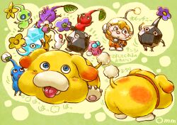Rule 34 | 1girl, ^ ^, animal collar, black eyes, black skin, blonde hair, blue eyes, blue pikmin, blue skin, blush stickers, bud, buttons, closed eyes, closed mouth, collar, colored skin, commentary request, dog, eyelashes, floppy ears, flower, from behind, ghost tail, gloves, glow pikmin, green background, green skin, hand on own hip, happy, helmet, highres, ice, ice pikmin, insect wings, jumpsuit, leaf, light blush, multiple views, nintendo, no mouth, notice lines, oatchi (pikmin), omuraisu omm, orange jumpsuit, pikmin (creature), pikmin (series), pikmin 4, pink skin, pointy ears, pointy nose, purple flower, purple hair, purple pikmin, purple skin, radio antenna, red collar, red eyes, red pikmin, red skin, rescue officer (pikmin), rock, rock pikmin, shoes, short hair, signature, smile, solid circle eyes, space helmet, spacesuit, stretching, tongue, translation request, triangle mouth, upside-down, very short hair, white gloves, white pikmin, white shoes, white skin, winged pikmin, wings, yellow flower, yellow pikmin, yellow skin