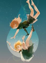1boy 1girl archaic_set_(zelda) armlet artist_name bare_legs blonde_hair dress earrings falling green_dress hashtag-only_commentary hazeleafyy jewelry lens_flare link looking_at_another medium_hair nintendo pointy_ears princess_zelda reaching reaching_towards_another sandals sky star_(sky) starry_sky teardrop the_legend_of_zelda the_legend_of_zelda:_tears_of_the_kingdom two-tone_dress white_dress