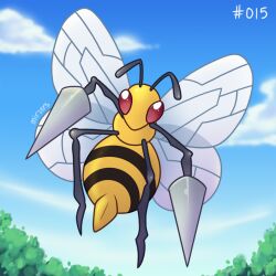antennae artist_name beedrill blue_sky cloud day full_body gen_1_pokemon looking_at_viewer mirzers nintendo no_humans outdoors pokemon pokemon_(creature) sky solo