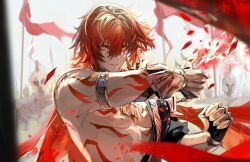 Rule 34 | 1boy, arm tattoo, armlet, armor, black coat, blonde hair, braid, chest tattoo, clawed gauntlets, coat, commentary request, earrings, facial tattoo, gold earrings, gold necklace, gradient hair, hair between eyes, highres, honkai: star rail, honkai (series), jewelry, male focus, medium hair, mori morii, multicolored hair, mydei (honkai: star rail), necklace, open clothes, open coat, pauldrons, red hair, red tattoo, shoulder armor, side braid, single pauldron, solo, tattoo, toned, toned male, yellow eyes