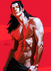 1boy abs black_eyes black_hair black_pants closed_mouth clothes_pull collarbone commentary earrings english_commentary frown getou_suguru groin highres jewelry jujutsu_kaisen long_hair looking_to_the_side male_focus navel nipples pants pants_pull pectorals piercing red_background sideways_glance solo stud_earrings toned toned_male topless_male twitter_username voidbringerr
