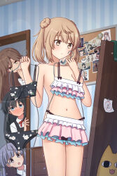 Rule 34 | 4girls, arashio (kancolle), arashio kai ni (kancolle), asashio (kancolle), asashio kai ni (kancolle), azumanga daiou, bikini, black bikini, black hair, blue eyes, blush, brown eyes, brown hair, clothes hanger, clothes in front, covering privates, crossover, double bun, dress, frilled bikini, frills, grey hair, hair bun, highres, holding, holding clothes hanger, indoors, kantai collection, konato k, long hair, long sleeves, michishio (kancolle), mihama chiyo&#039;s father, multiple girls, navel, neck ribbon, nude cover, ooshio (kancolle), ooshio kai ni (kancolle), pinafore dress, red ribbon, ribbon, ruffle bikini, school uniform, shirt, short hair, short twintails, sleeveless, sleeveless dress, standing, swimsuit, topless female, twintails, white shirt