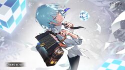 black_necktie black_pants blue_eyes blue_hair briefcase chain_print cube flying_paper game_cg highres holding holding_briefcase khun_aguero_agnis looking_at_viewer necktie pants paper rubik&#039;s_cube shirt simple_background smile snowflakes tower_of_god tower_of_god:_great_journey uoongpig white_shirt