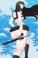 Rule 34 | 1girl, absurdres, angry, ass, black hair, blue eyes, boots, completely nude, functionally nude, highres, huge ass, kill la kill, kiryuuin satsuki, limn044, long hair, nude, nudist beach uniform, sky, solo, sword, twitter, weapon