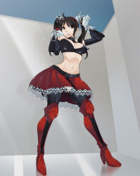 1girl arms_up belt black_hair boots bra brown_eyes choker detached_sleeves fighting_vipers gloves hairband highres honey_(fighting_vipers) lace lace_trim long_hair looking_to_the_side navel oniika open_mouth red_skirt sega skirt solo stomach thigh_boots thighhighs underwear